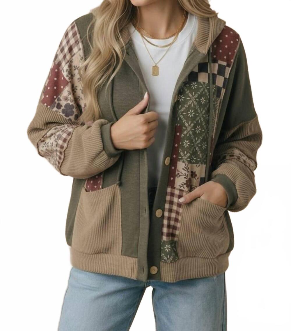 NEW HAPTICS vintage patchwork hooded shacket in olive